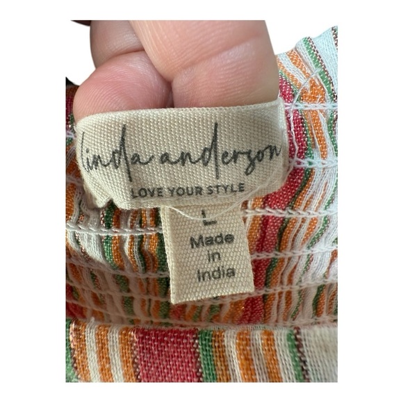 Linda Anderson Striped Square Neck Smocked Back Gold Shimmer Sundress Size Large - Picture 12 of 16